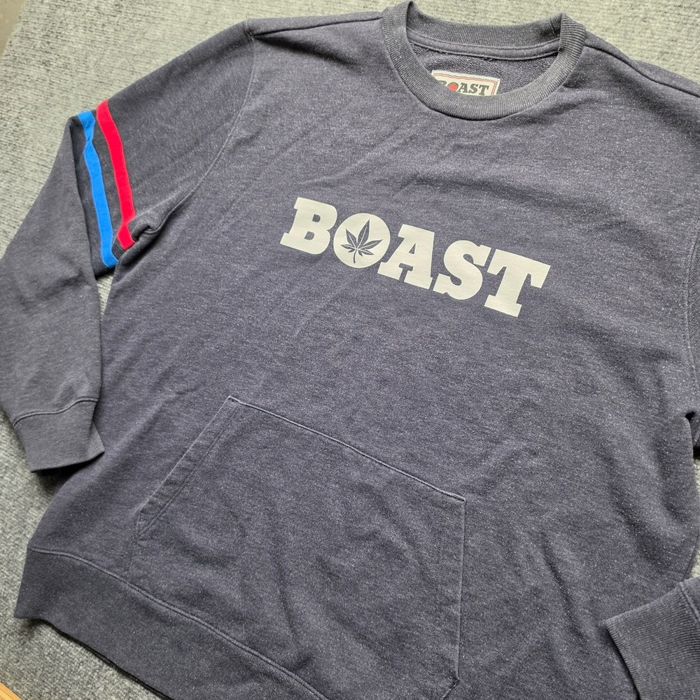 Boast Mens XL Crewneck Sweatshirt Gray Graphic Leaf Logo Sleeve Stripes Pouch
